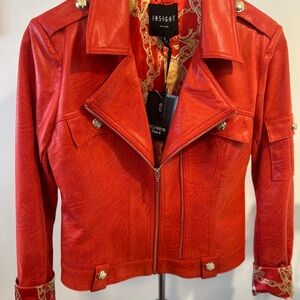Insight Red Faux Leather Moto Jacket with Gold-Tone Buttons and gorgeous lining